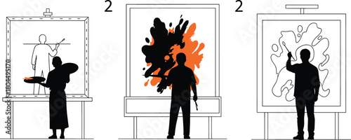 Artists painting canvas, abstract art, realistic figure, creative expression, brush strokes, studio scene, modern artwork, visual diversity, inspiration, talent