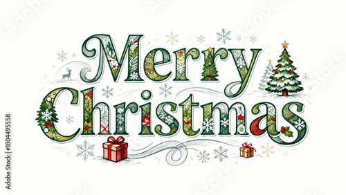 Creative art font "merry christmas", font graphic design, festive atmosphere font, hand-drawn vector illustration