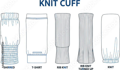 Knit cuff types vector set, technical fashion illustration, shirred rib sleeve details, garment design template, clothing construction sketch collection.