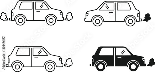 Vector icon set of small car with exhaust fumes representing carbon dioxide emissions and air pollution in outline and silhouette styles for environmental design concepts.