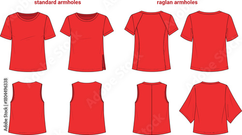 Red t-shirt vector set, technical fashion illustration, standard and raglan armholes, sleeveless tank top, apparel design template, clothing sketch.
