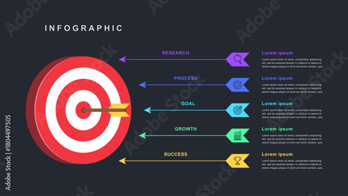 Target concept infographic with icons 5 options for business strategy, goal achievement, marketing plan, and process visualization