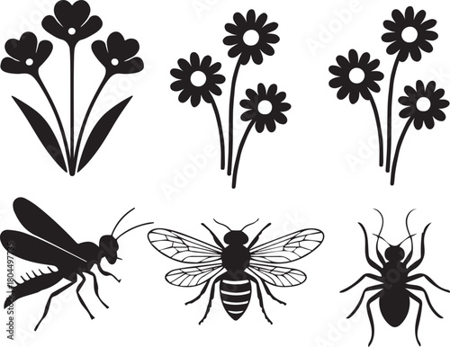 Minimalist black silhouettes of various flowers and common insects including bees, wasps, and spiders for vector designs.