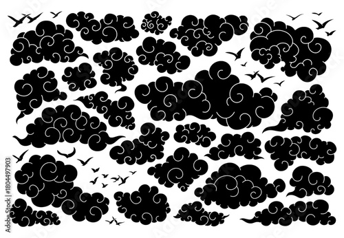 Traditional Chinese Clouds and Flying Birds Black Silhouette Classic Asian Tangka Vector Collection, Isolated Graphic Elements Set, Tibetan Paper Art Style