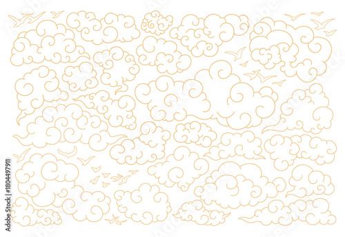 Gold Traditional Chinese Clouds and Flying Birds, Classic Elegant Outline Contour Asian Tangka Vector Collection, Isolated Graphic Elements Set, Decorative Curl Tibetan Paper Art Style