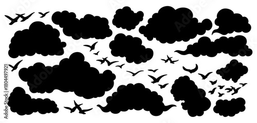 Traditional Chinese Clouds and Flying Birds Black Silhouette Classic Asian Tangka Vector Collection, Isolated Graphic Elements Set, Tibetan Paper Art Style