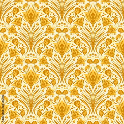 Yellow Traditional Vintage Damask Vector Seamless Pattern, Fantasy Floral Garden for Italian Renaissance Textile Design, Ancient Art Nouveau Wallpaper Background, Retro Cultural Heritage Backdrop