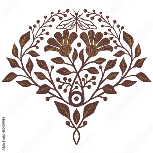 Brown Art Nouveau Isolated Vector Floral Shape for Traditional Damask Pattern Design