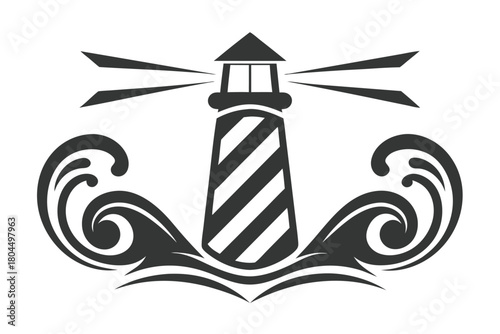 Striking lighthouse icon with bold stripes and stylized waves evokes coastal strength