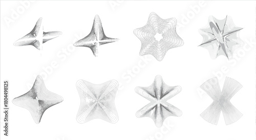 Eight abstract geometric wireframe shapes with gradient shading on white background