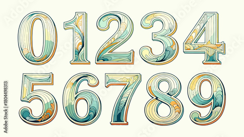 Creative art number "0-9", graphic font design, hand-drawn vector illustration