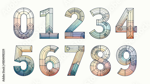 Creative art number "0-9", graphic font design, hand-drawn vector illustration