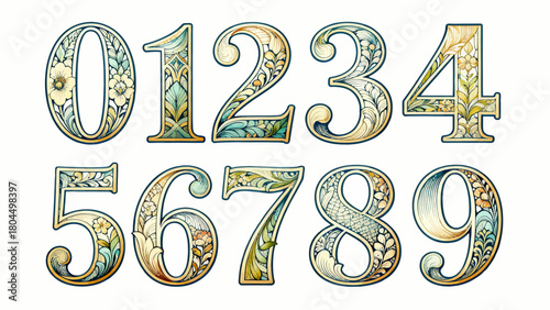 Creative art number "0-9", graphic font design, hand-drawn vector illustration
