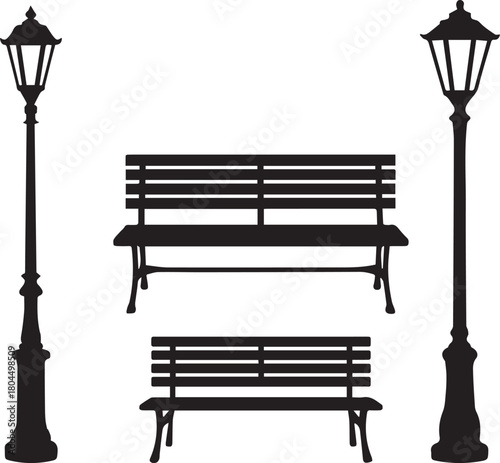 Elegant park benches and traditional street lamps silhouette vector illustration set. outdoor furniture elements.