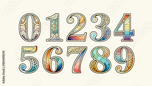 Creative art number "0-9", graphic font design, hand-drawn vector illustration