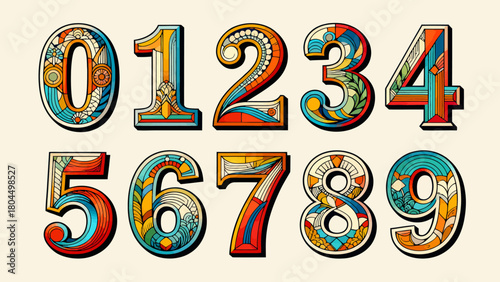 Creative art number "0-9", graphic font design, hand-drawn vector illustration