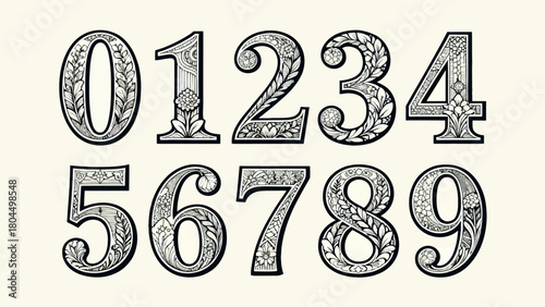 Creative art number "0-9", graphic font design, hand-drawn vector illustration