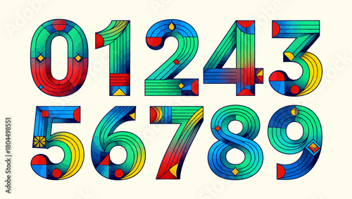 Creative art number "0-9", graphic font design, hand-drawn vector illustration