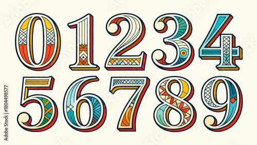 Creative art number "0-9", graphic font design, hand-drawn vector illustration