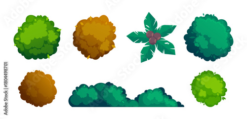 Bushes and trees decoration for outdoors yard or garden. Vector isolated cartoon shrubs and foliage, top view. Vegetation and plants diversity, nature and adornment. Branches and flora of forest