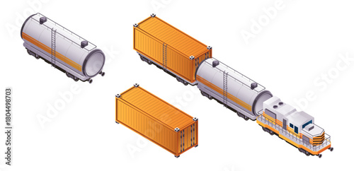 Train freight wagons, rail cargo and railroad containers. Vector isolated isometric railcar with tanks and cisterns. Industrial carriages. Locomotive transport, transportation and shipment of orders