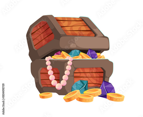 Underwater treasure chest with gold and coins, money and wealth. Vector isolated wooden box with lock and handle containing cash. Piracy and quests looking for hidden wealthy container