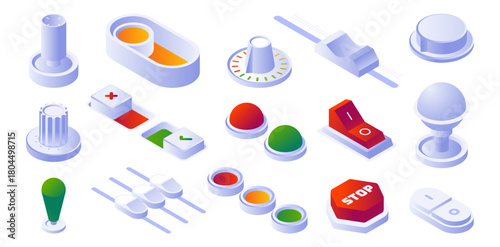 Buttons and switches set. Vector isolated collection of stop, on and off toggles, rotary knobs and vintage controls. User interfaces, app and electronics. 3D isometric infographics elements