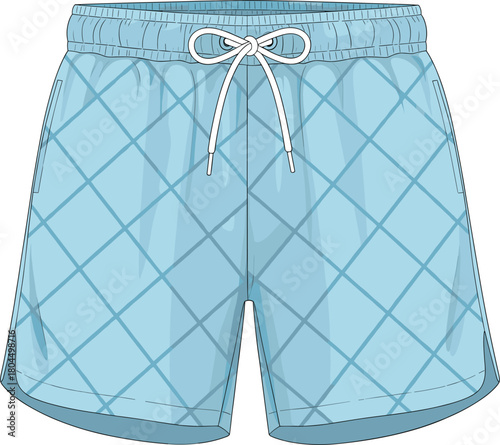 Light Blue Diamond Quilted Swim Shorts Vector Template with White Drawstring and Elastic Waistband, Ideal for Fashion, Apparel Mockup, and Summer Vacation Design