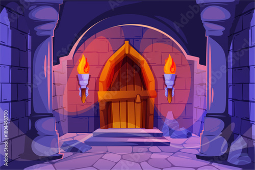Castle dungeon entrance. Vector cartoon exterior design with stone walls and columns, wooden doors and torches. Medieval fantasy architecture. Game and educational projects. Mysterious interiors
