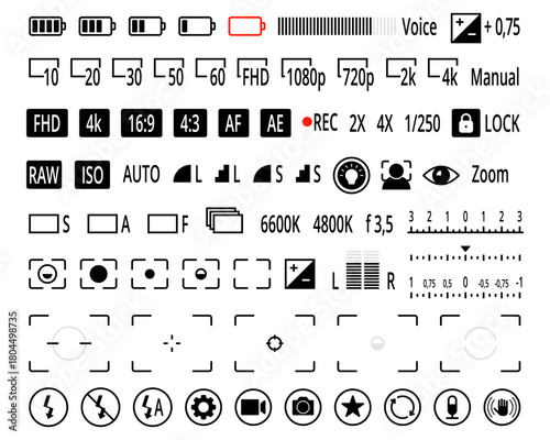 Grid of micro icons, digital camera screen indicators. Vector interface elements set. Battery levels and metering modes, shutter speeds and ISO values, white balance presets and recording symbols
