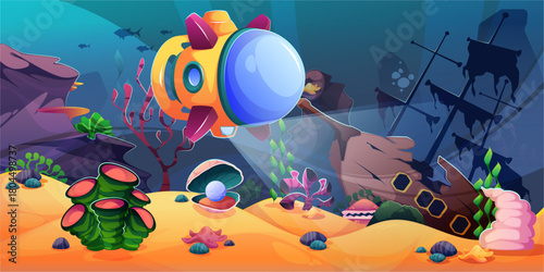 Underwater landscape with submarine and sunken pirate ship. Vector cartoon sea bottom with aquatic plants and coral reef, rocks and seafloor animals. Bathyscaphe in subaqueous environment