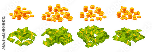 Stacks of dollar bills tightly secured with rubber bands and golden coins. Vector amounts of cash, transactions or underground economy. Salary or earnings, profit and benefit from business