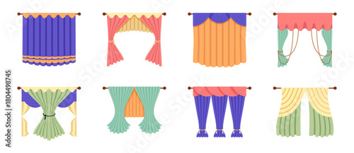 Curtains set. Vector isolated collection of various types of window coverings. Open and closed drapes. Home, office and interior design projects elements. Decoration purposes and comfort