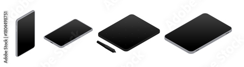 Smartphones with touchscreen and special pencil for comfortable using. Vector isolated isometric cell phones collection. Modern portable technologies for communication, talking and personal monitoring