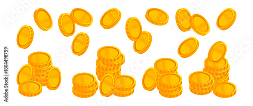 Stacks of golden coins with blank surfaces. Vector isometric flying money set. Wealth and financial assets. Economic growth, richness and wealthy precious metal. Fast profit or cash flow