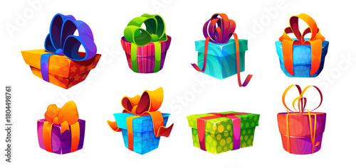 Gifts and presents set for holiday celebration and special occasions. Vector isolated cartoon containers. Collection of birthday or anniversary boxes with wrapping papers and ribbon bows