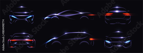 Car silhouettes set, front, side and back views. Vector realistic automobiles contours with light reflections. Automotive branding and catalog, interface icons and transport infographics