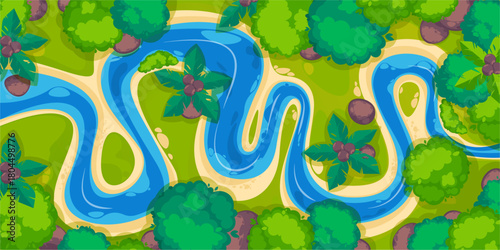 River landscape, view from above. Vector summer beautiful valley with natural stream. Winding mountain creek with greenery on shore. Curve riverbed and coastline with stones, trees and bushes