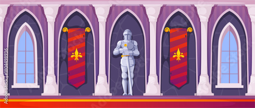 Castle corridor interior in cartoon style. Vector hallway with tall arched windows and stone columns, glowing torches and knight statue. Fantasy background for platformers and mobile games