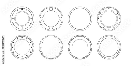 Various analog clock faces collection. Vector modern and classic designs, detailed markings, bold typography or subtle linework. Watch dials set without hands. Round timepieces panels