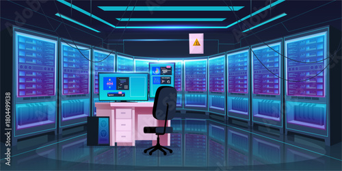 Cartoon data center room. Vector area with large servers and desk, chair and computer monitors, system unit and hanging cables. Workspace and server infrastructure. Hardware and electronic setup
