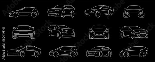Car silhouettes. Vector automotive logo or branding identity. Vehicle contour emphasizing motion and speed. Auto service and repair, racing club or dealership emblems. Transport icons and templates