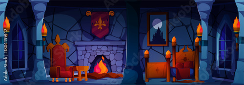 Cartoon medieval room interior. Vector king bedroom with wooden furniture and royal banners, warm torchlight and decorative castle windows. Fantasy style for games, animations and children stories