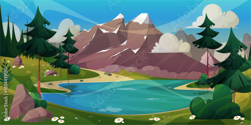 Beautiful mountain and lake cartoon landscape. Vector panorama of spring or summer beautiful nature, meadow with flowers, forest trees and bushes, scenic blue lake and peaks on horizon