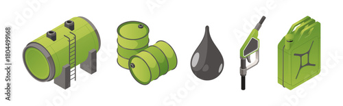 Petrol station services elements. Vector isolated ground gas holder, canister and metal barrel, hose with nozzle and drop of petrol. Filling car with petroleum and oil, gasoline refilling