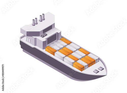 Cargo ship, isolated large vessel for transporting goods, materials and commodities across seas and oceans. Vector global trade vehicle. Container freighter, logistics and business, worldwide shipping