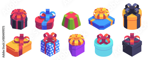 Isometric set of wrapped gift boxes with decorative bows. Vector collection of square, rectangular and heart shaped packages in festive style. Celebration, birthday or holiday design