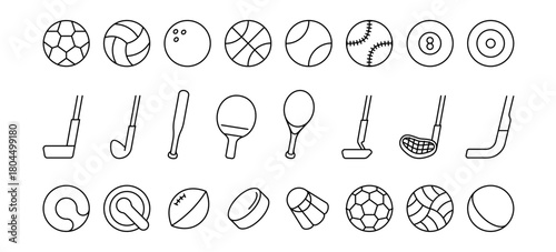 Sports equipment icons. Vector soccer ball and basketball, golf sphere and hockey puck, tennis racket and ping pong paddle. Sticks for hockey, golf and American football. Recreational activities