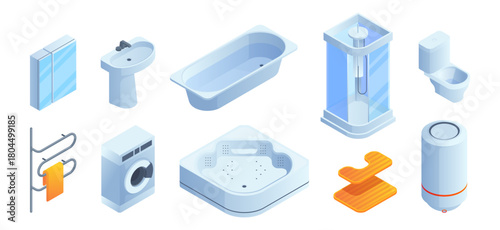 Isometric bathroom objects. Vector isolated bathtub and boiler, shower cabin and stand, towel dryer and sink, mirrored cabinet and washing machine. Home interior, organization and functional appliance
