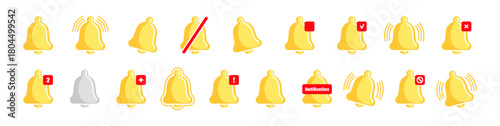 Bells collection with notification. Vector push alert message or urgent call symbols set. Attention signs for web, online apps and ui. Social media reminders and interface smartphone elements